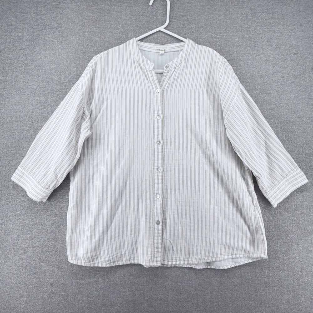 Eileen Fisher Blouse Top Women Medium White Stripe Organic Cotton 3/4 Sleeve